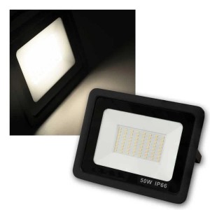 Schwarzer, schlanker McShine LED Außenstrahler 50W IP66 aus Aluminium mit neutralweißem Licht. Ideal für den Außenbereich.
