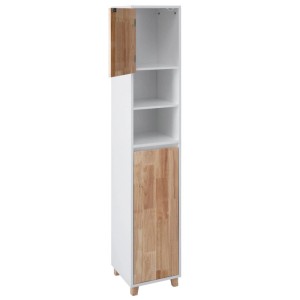 Weißer Hochschrank mit offener Holztür oben, zwei Regalfächern und geschlossener Holztür unten. Badschrank.