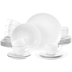 Seltmann Weiden Amina 30-teiliges Kombi-Service in Weiß: Teller, Tassen und Untertassen aus Porzellan.
