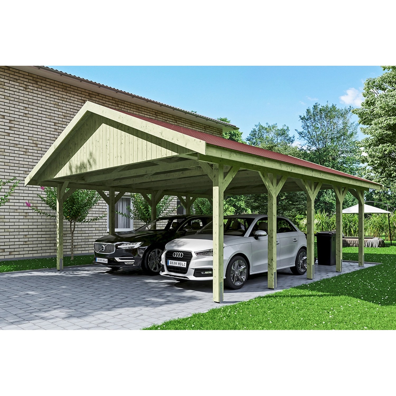 Satteldach-Carport Wallgau 620 x 750 cm rote Schindeln