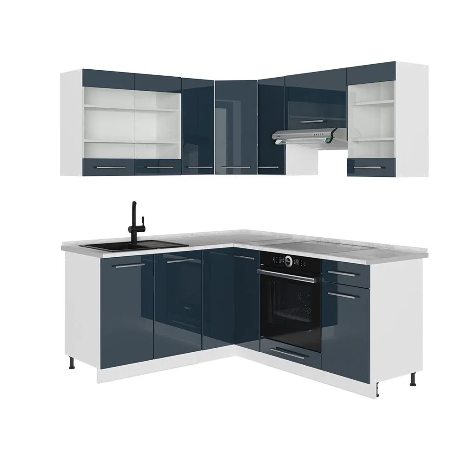 Vicco Eckküche Fame-Line Dunkelblau Hochglanz/Weiß 190 x 82 ohne Arbeitsplatte