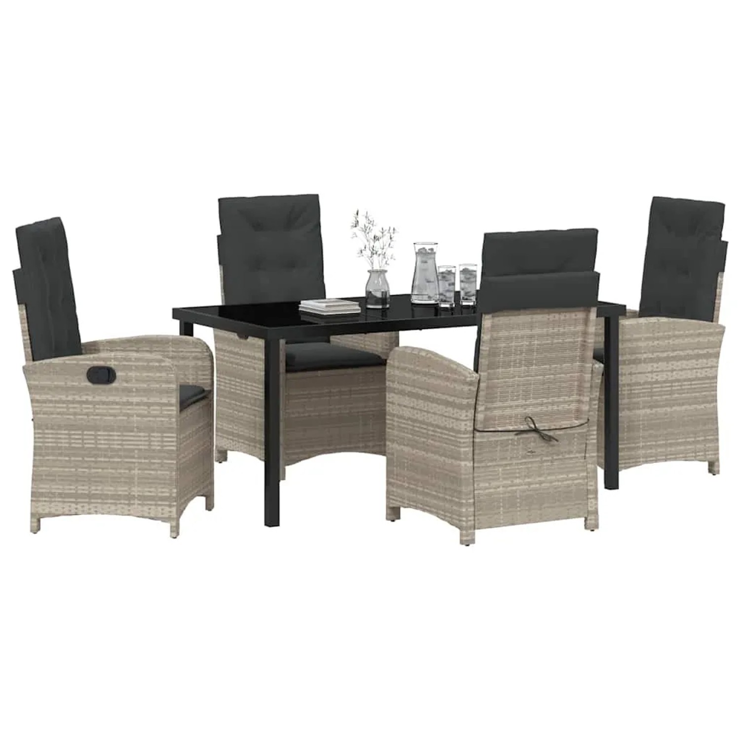 Hellgraue 5-tlg. Garten Essgruppe aus Poly Rattan mit Tisch und Stühlen mit Kissen.