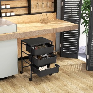 Schwarzer HOMCOM Rollwagen mit 3 Ablagekörben aus Stahl und Kunststoff, gefüllt mit diversen Gegenständen.