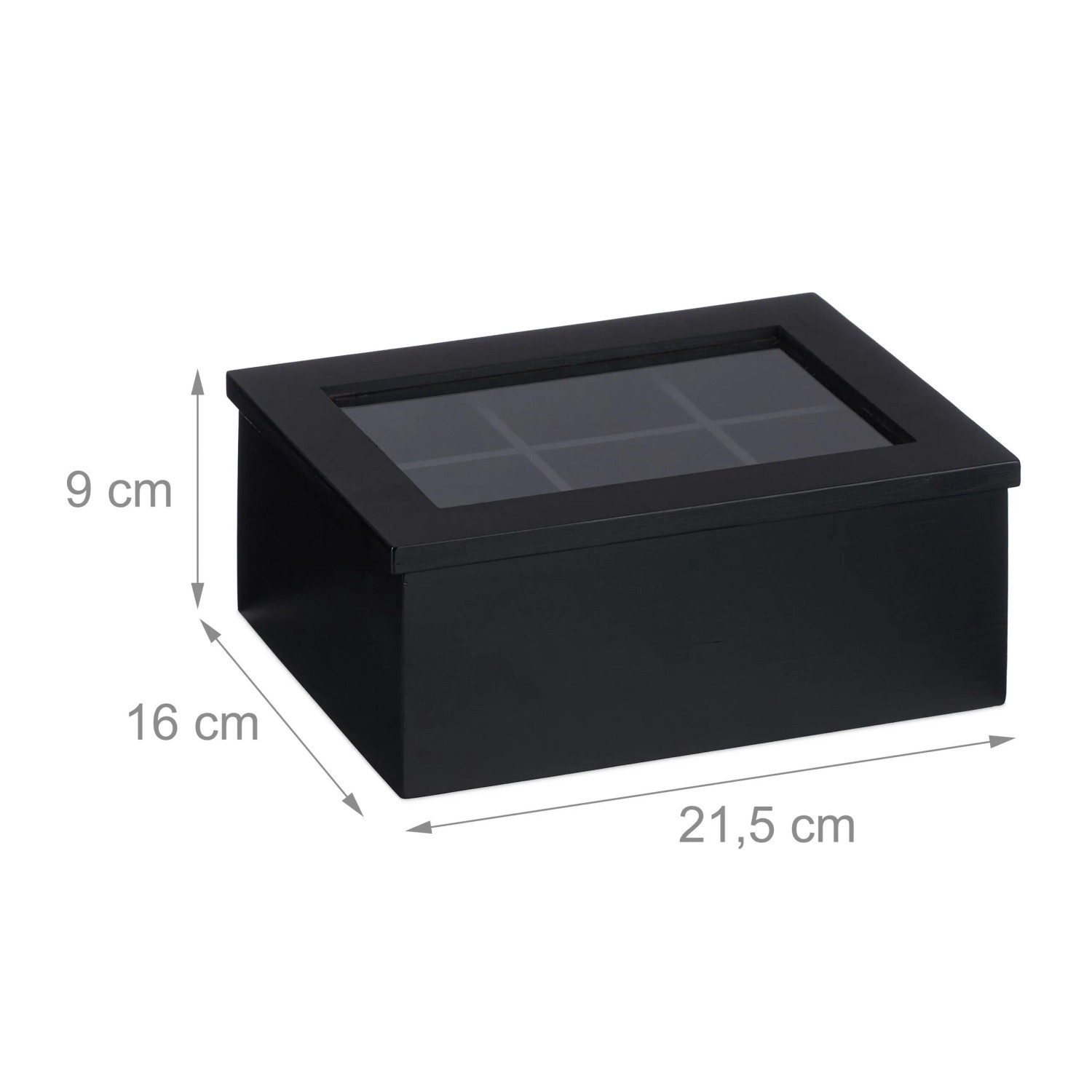 Schwarze Relaxdays Teebox aus Bambus mit Acryl-Deckel und 6 Fächern. Maße: 9x21,5x16 cm.