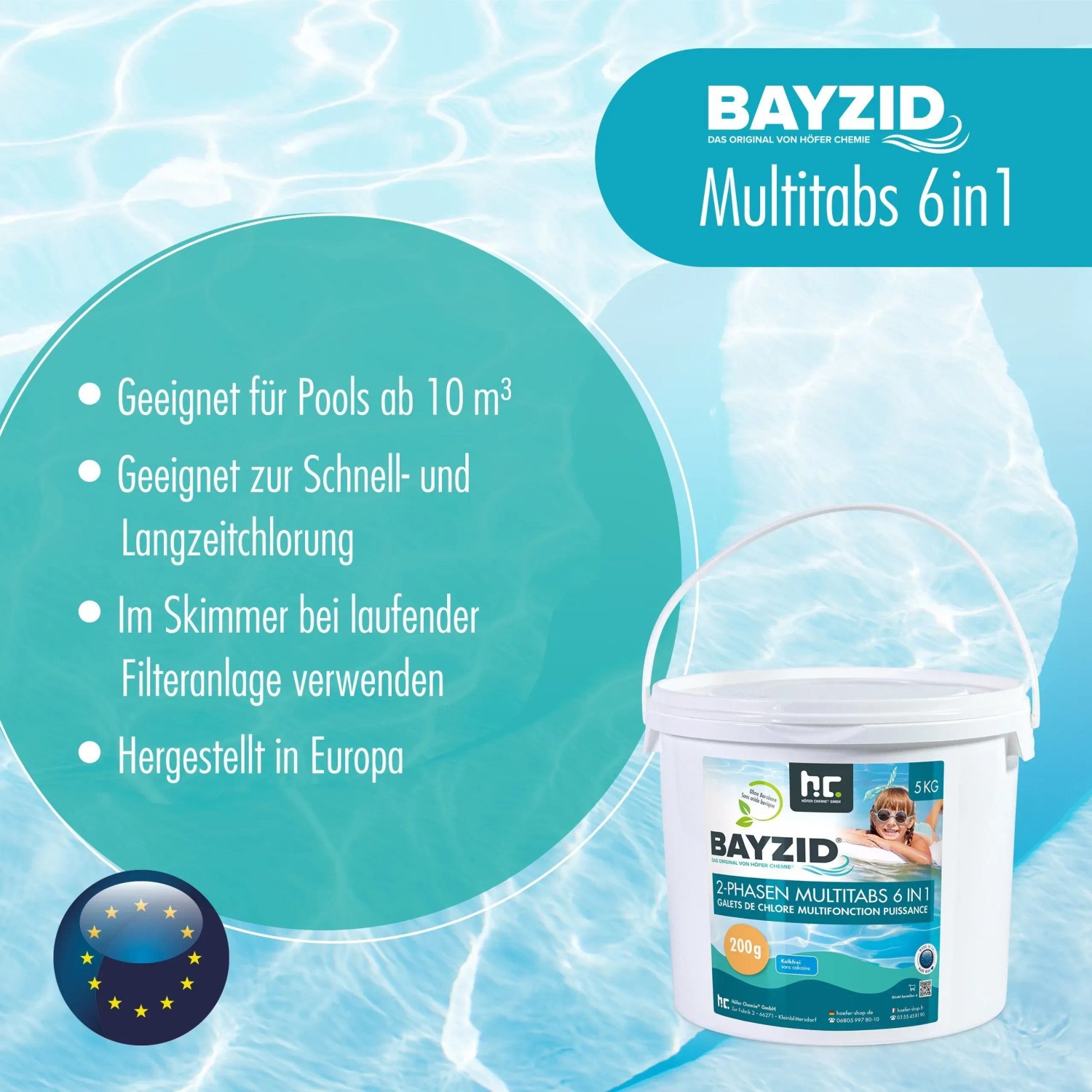 Bayzid 6in1 Multitabs im 5kg Eimer für Poolreinigung und Desinfektion.