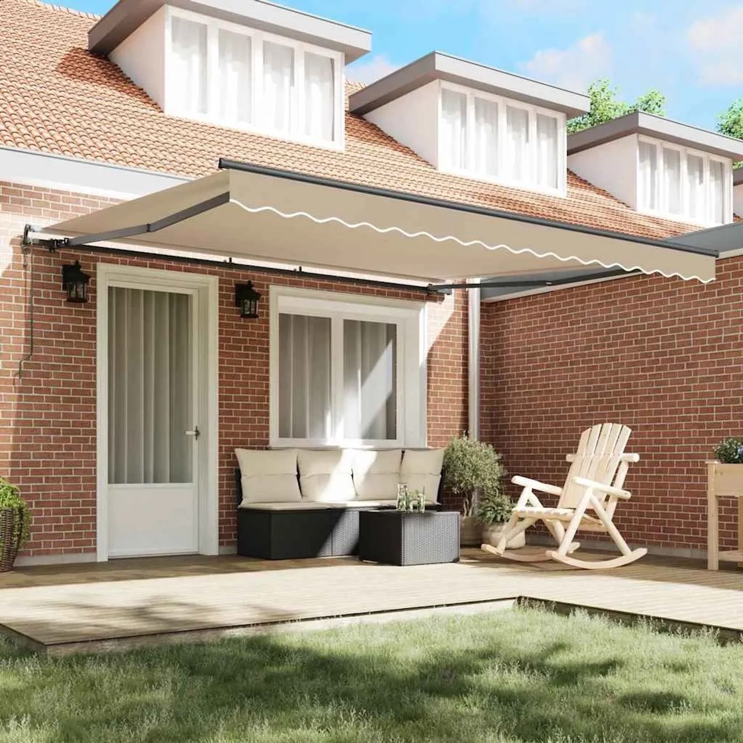 Beige einziehbare Markise 400x300 cm aus Stoff und Aluminium. Sonnenschutz für Terrasse am Haus.