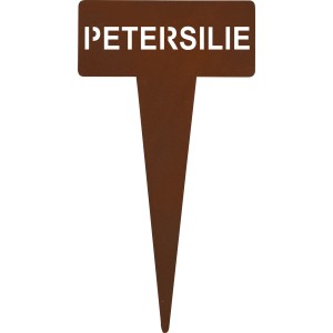 Rostfarbener Kräuterstecker aus Metall mit der Aufschrift Petersilie für den Garten.