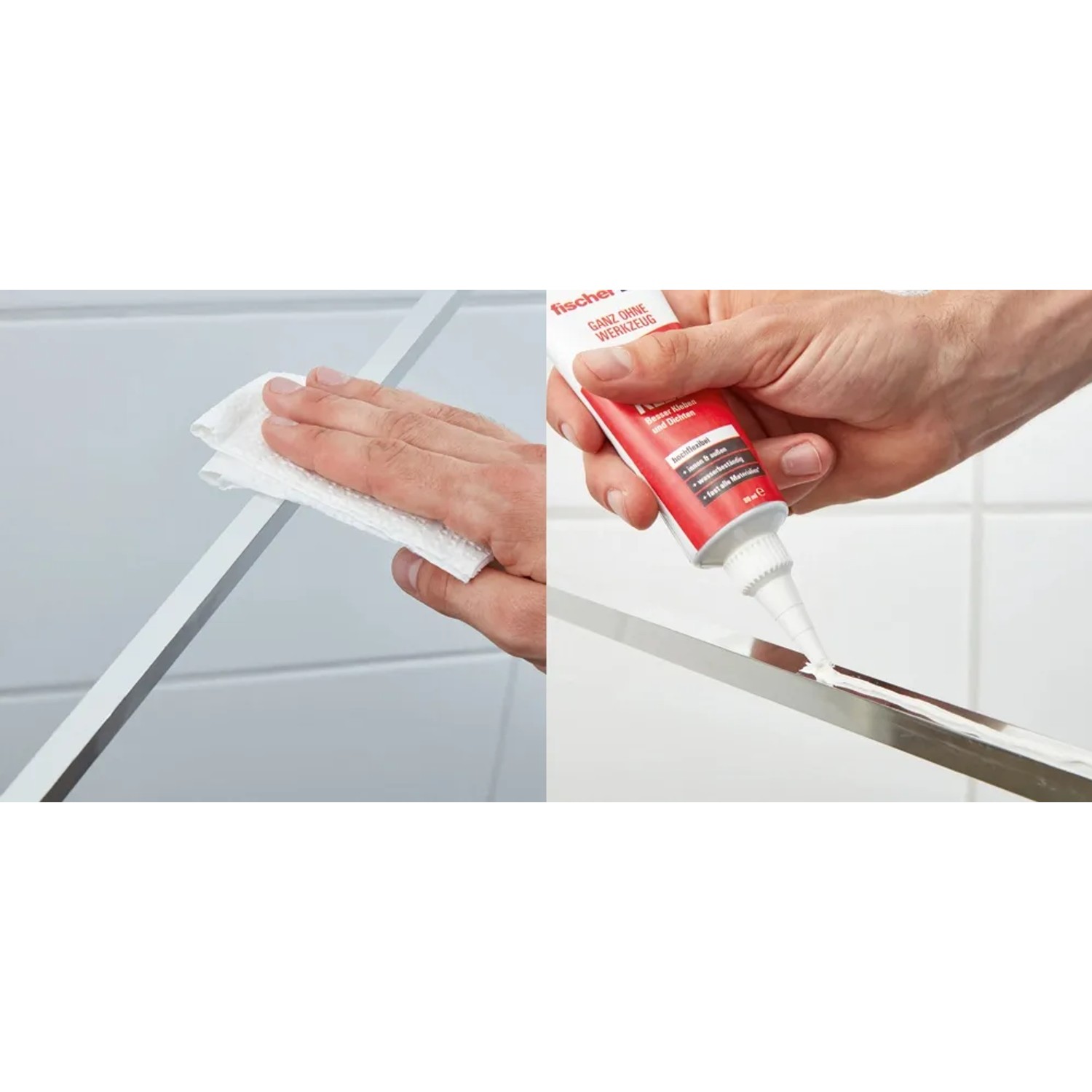 Anwendung von Fischer Dicht Kleber (80ml): Reinigen und Auftragen des Klebers auf Glasoberfläche.