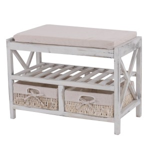 Weißes MCW Schuhregal C48 mit Sitzbank, zwei Körben und Ablagefach im Shabby-Look.