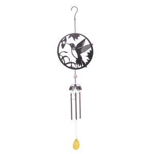 Filigranes schwarzes Eisen Windspiel mit Kolibri, Schmetterling und Blättern. Dekoration für Garten & Terrasse.