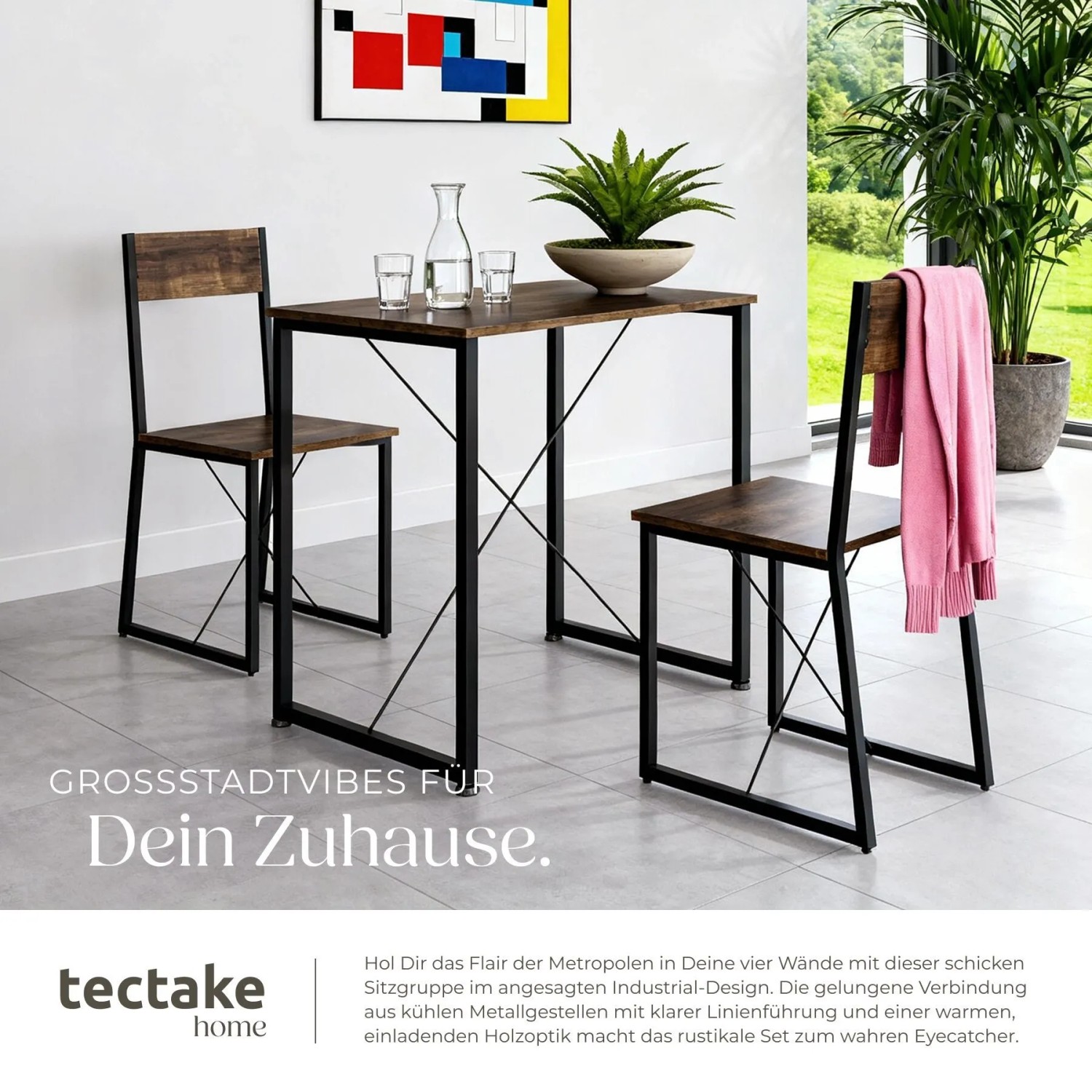Tectake Sitzgruppe Margate 3 Teilig Esstisch Mit 2 Stühlen  138 x 80 x 90 cm Industrial Holz Dunkel  Rustikal_4