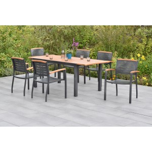 Merxx Tinos 7-tlg. Gartenmöbel-Set mit Ausziehtisch (150/200x90cm) und 6 Stapelsesseln.