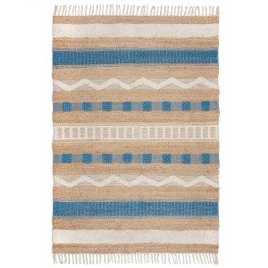 Hochflorteppich Medina Jute Beige-Blau 120x170 cm. Gestreiftes Design mit blauen, beigen und weißen Mustern, Jute-Woll-Baumwoll-Mix.