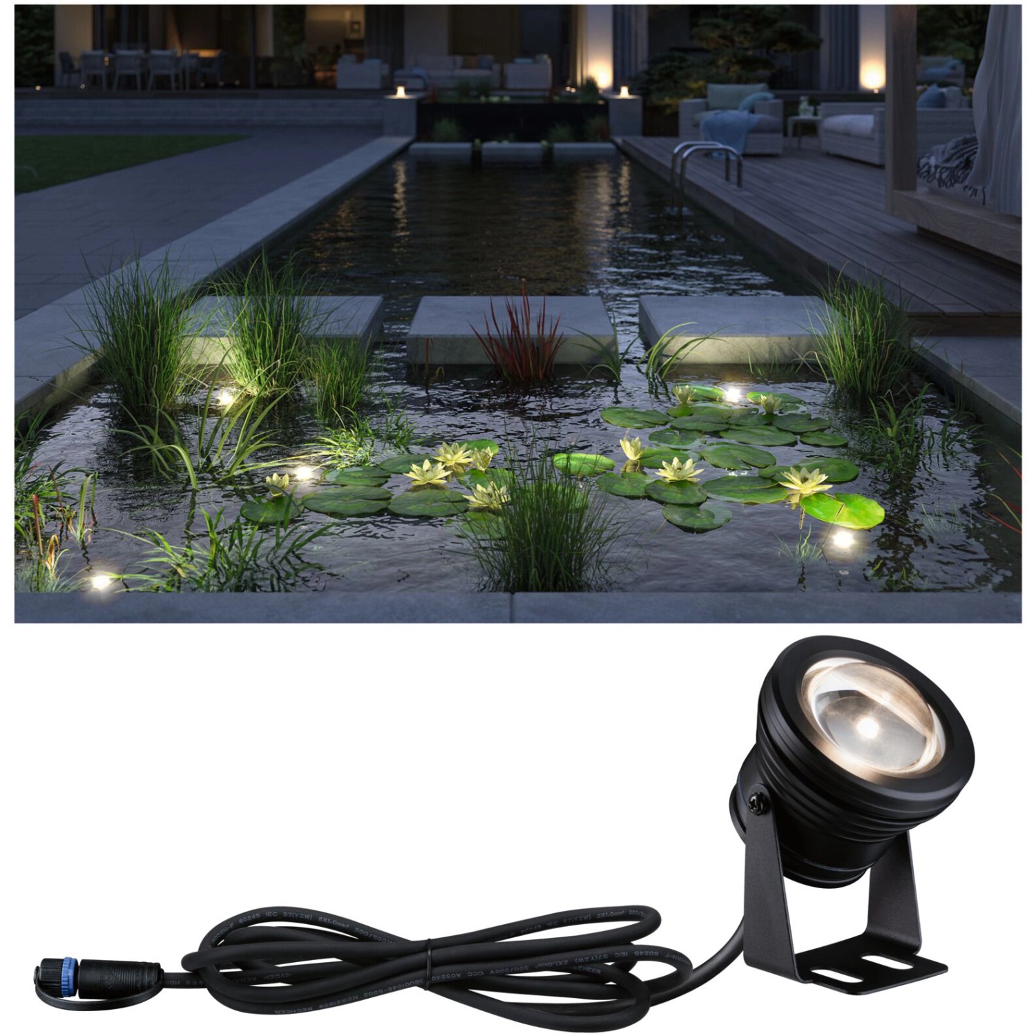 Paulmann Outdoor Pool Spot, schwarze Teichleuchte IP68 mit warmweißem Licht in Gartenteich.
