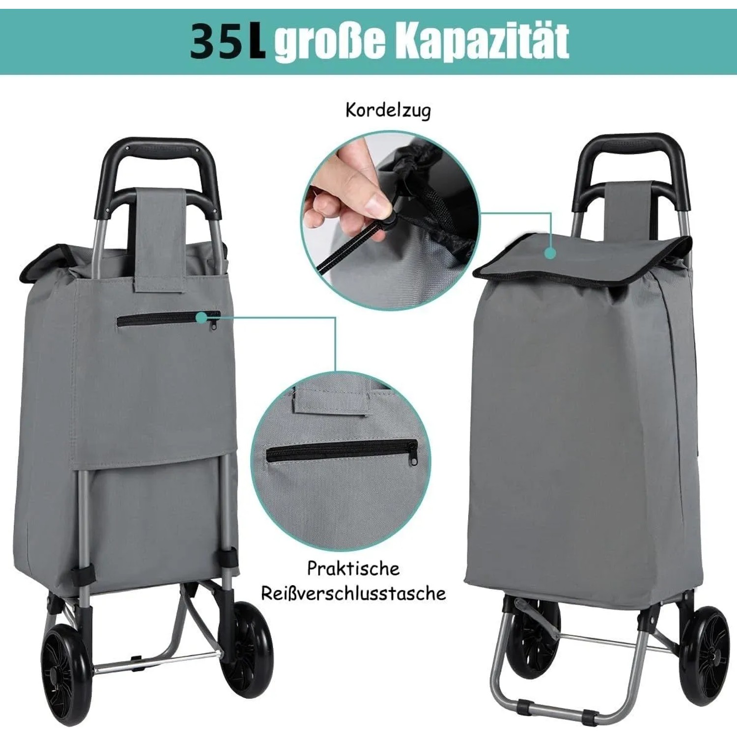 Grauer Costway 35L Einkaufstrolley, klappbar, mit abnehmbarer Oxford-Tasche, Reißverschluss-Seitentasche und Kordelzug.
