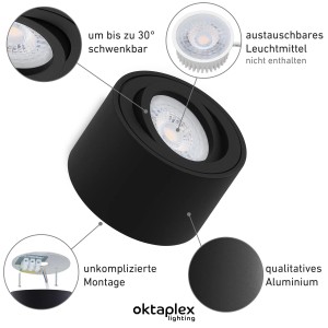 Schwarzer Oktaplex Aufbauspot Lile S aus Aluminium für LED-Module, schwenkbar. Deckenstrahler für Lampen & Leuchten.