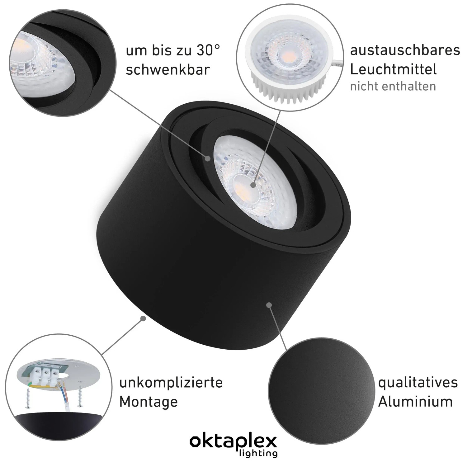 Schwarzer Oktaplex Aufbauspot Lile S aus Aluminium für LED-Module, schwenkbar. Deckenstrahler für Lampen & Leuchten.
