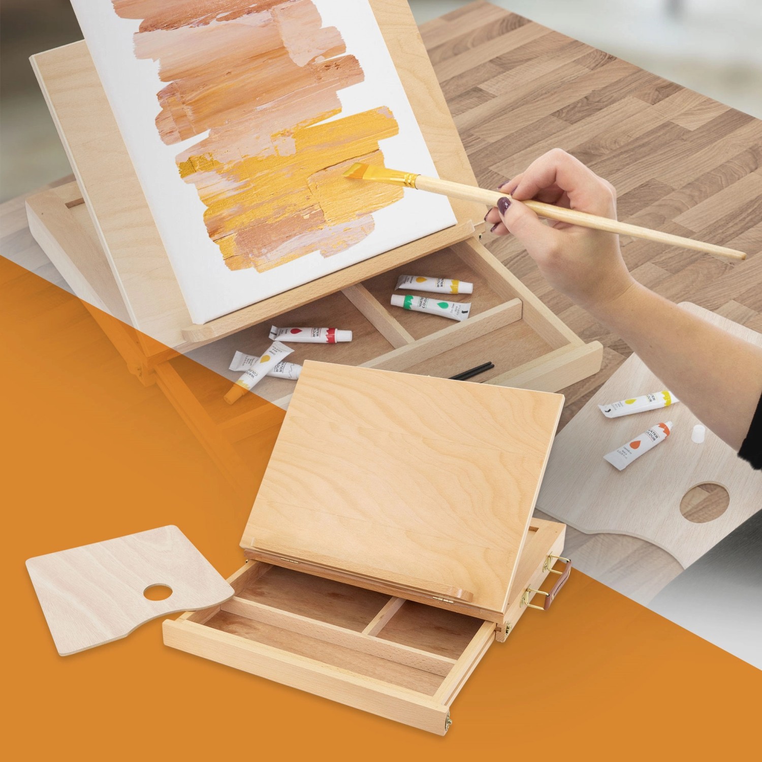 ECD Germany Tischstaffelei aus Holz mit Schublade und Palette. Ideal zum Malen mit Bastelfarben.