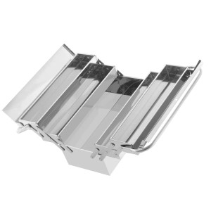 STAHLWERK Werkzeugkasten aus Edelstahl mit 5 Fächern, ausgeklappt. Werkzeugschrank für Werkstatt und Montage.