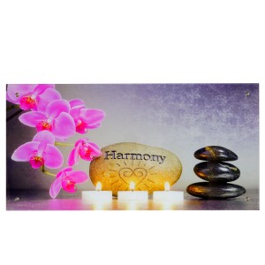 Glasbild MCW T114 Harmony 50x100cm mit Orchidee, Stein, Kerzen und Steinturm als Wanddekoration.