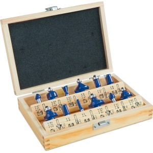 12-teiliges LUX Oberfräser-Set in Holzkassette mit verschiedenen Fräsaufsätzen für Holz und Kunststoff.