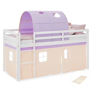 Homestyle4u Kinder Hochbett 90x200 mit lila Tunnel und Vorhang. Weißes Bett mit Leiter und Lattenrost.
