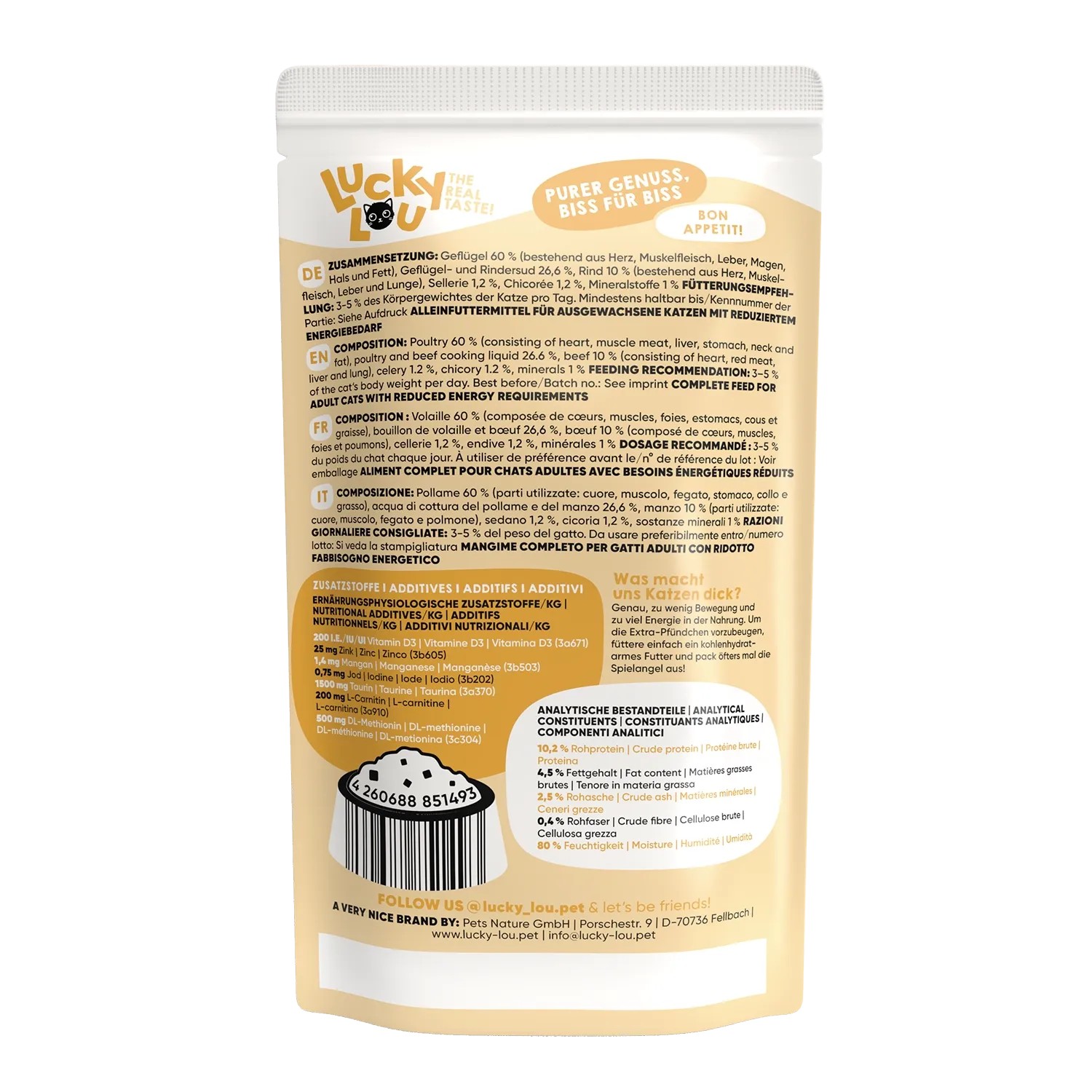 Lucky Lou Katzen-Nassfutter Sterilized Geflügel & Rind, 125g Packung für sterilisierte Katzen.