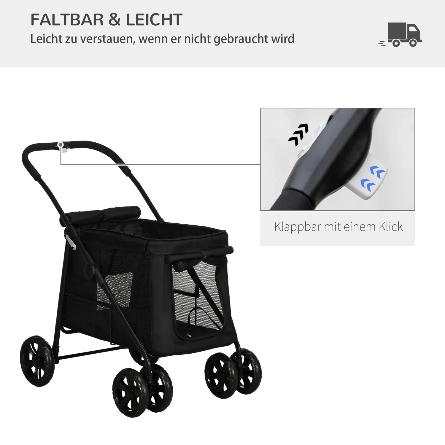 Schwarzer PawHut Hundewagen mit Kissen und Seitentaschen, faltbar für einfachen Transport.