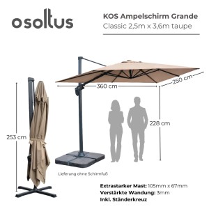 osoltus KOS Ampelschirm Alu Vario Max 360x250 cm in Taupe, offen und gefaltet, mit Ständerkreuz für Garten & Terrasse.