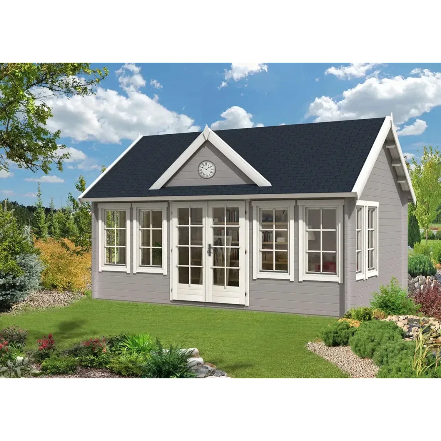 Alpholz Gartenhaus Clockhouse-XL mit Satteldach, unbehandelt, 550x420 cm. Holz-Gartenhaus mit Anbaudach.