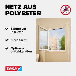 tesa Insect Stop Klett Fliegengitter anthrazit am Fenster. Polyester-Netz für Insektenschutz, klare Sicht, Luftzirkulation.