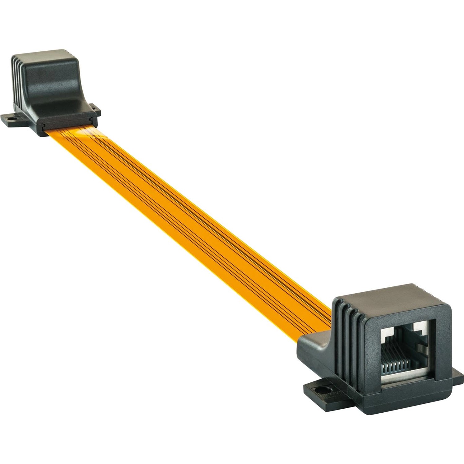 Schwaiger Ultra-Slim LAN-Fensterdurchführung für Netzwerkverbindung, gelbes Flachbandkabel mit RJ45 Anschluss.