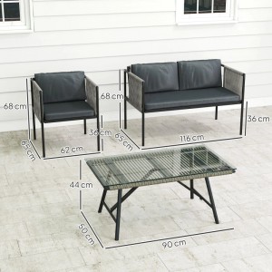 Graues Outsunny Rattan Gartenmöbel-Set: 2 Sessel, Sofa, Couchtisch mit Glasplatte. Für Balkon & Terrasse.