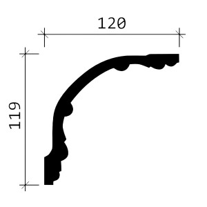 Abbildung einer flexiblen, weißen PROFHOME Eckleiste (12x11,9cm) für Paneele mit Maßangaben.