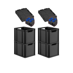 PROREGAL SuperSparSet: 4 schwarze Euroboxen mit Scharnierdeckel und blauen Verschlüssen, 30 Liter.