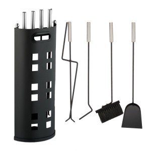 5-teiliges Relaxdays Kaminbesteck aus Metall in Schwarz mit Ständer, Schaufel, Besen, Zange und Schürhaken.