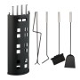 5-teiliges Relaxdays Kaminbesteck aus Metall in Schwarz mit Ständer, Schaufel, Besen, Zange und Schürhaken.