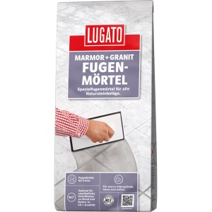 Verpackung Fugenmörtel Marmor + Granit, silbergrau, 5 kg. Geeignet für Natursteinbeläge und Fugen bis 5 mm.