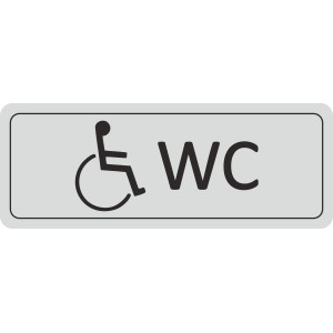 Silbergraues Türschild Behinderten WC mit Rollstuhl-Symbol, 12x4,5cm.