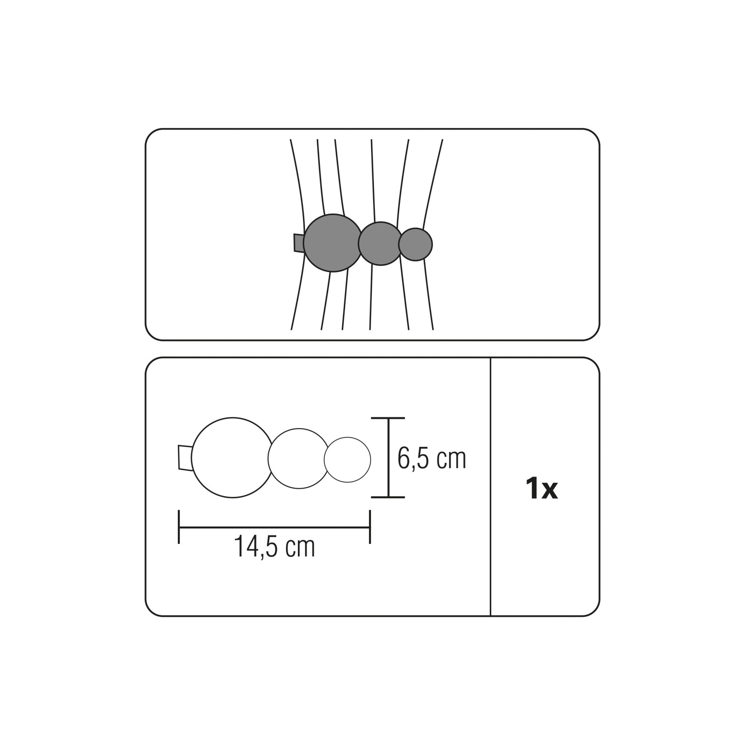 Gardinia Raffhalter Kreisoptik Schwarz, Schema mit Maßen und Anwendung, zur einfachen Vorhang-Dekoration.