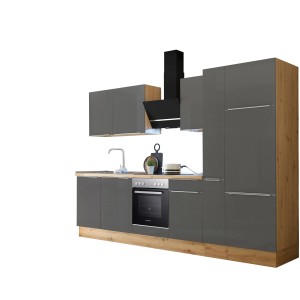 Respekta Küchenzeile Marleen 310 cm in Artisan-Eiche und Grau Matt mit E-Geräten.