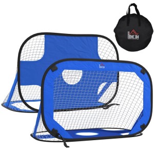 Zwei blaue HOMCOM Pop Up Fußballtore aus Oxford-Gewebe mit Netz und schwarzer Tragetasche für Spiel & Spaß.