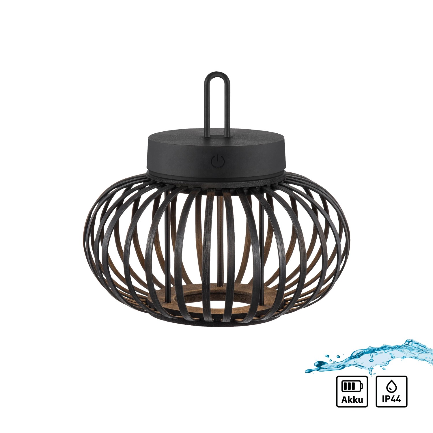 Schwarze LED Akku-Pendelleuchte Akuba, 22x25cm, für den Außenbereich.