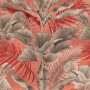 Fototapete Dschungelmotiv in Rosa, Lachsrot, Beige und Grau mit Palmen und floralen Elementen.