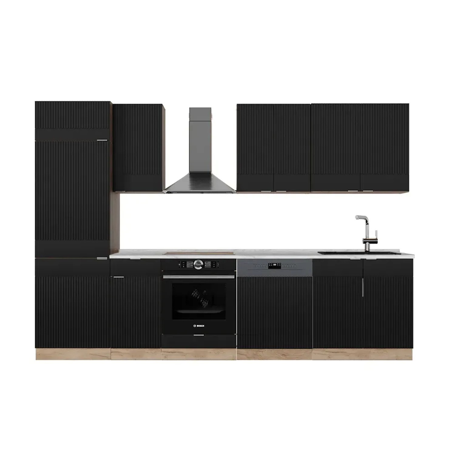 Vicco Fame-Line Küchenzeile Schwarz gestreift/Goldkraft Eiche 300 cm AP Marmor ohne E-Geräte