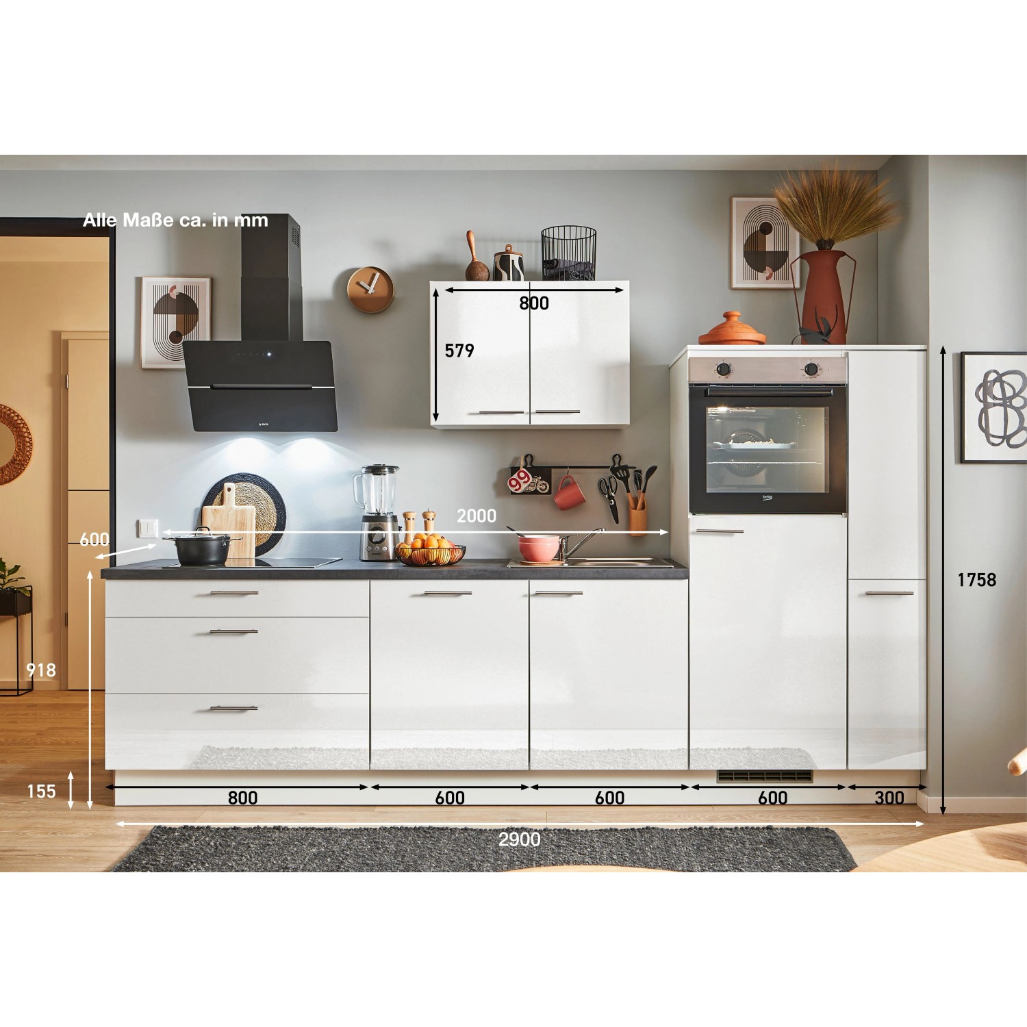 pino Küchenzeile 290cm Weiß Hochglanz Anschlag L 1 Geräte-, 1 Apothekerschrank