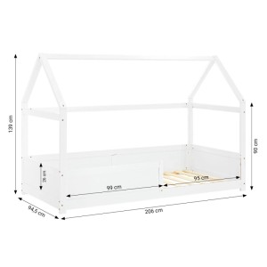 Weißes Kinder Hausbett 90x200 cm aus Kiefernholz mit Rausfallschutz und Lattenrost.