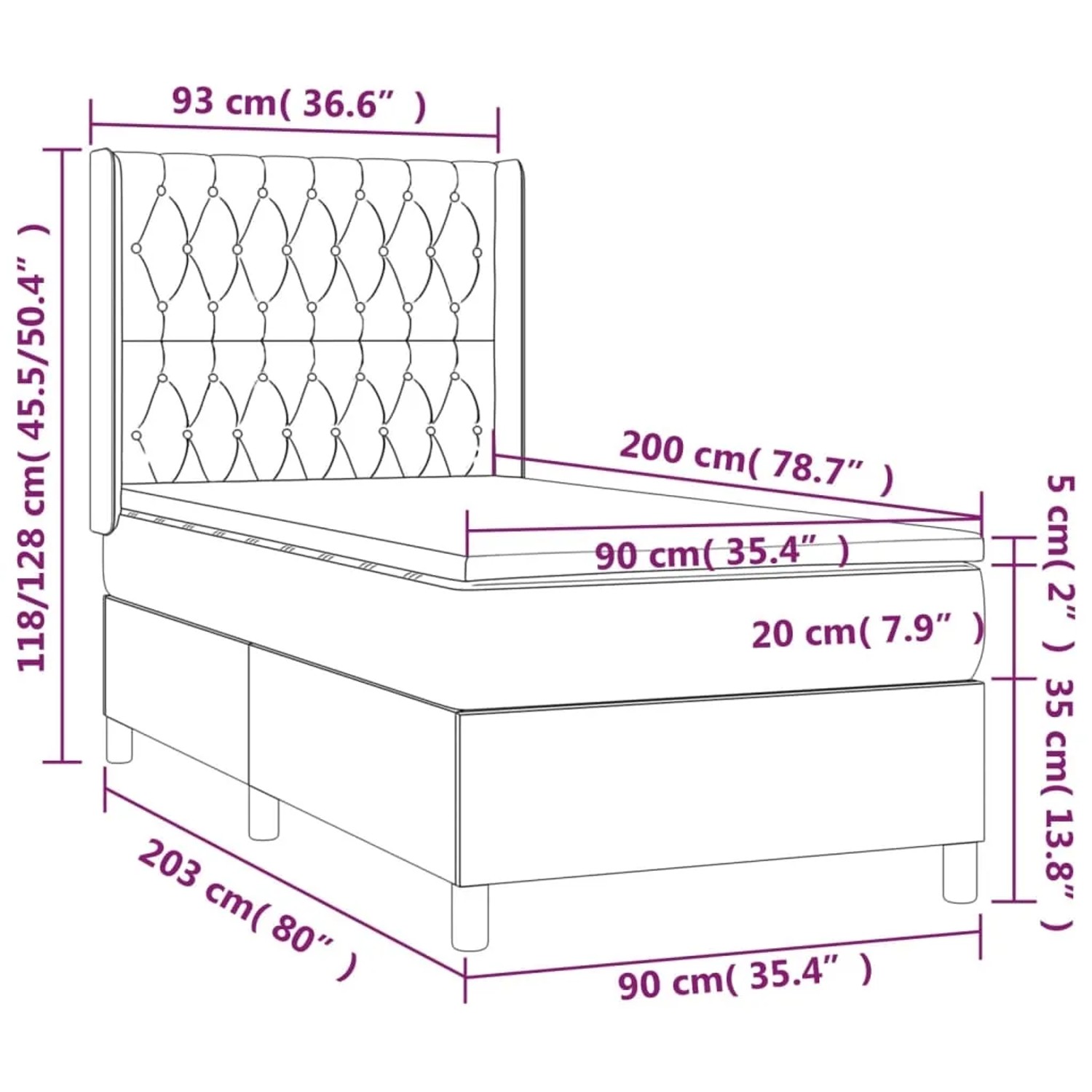 vidaXL Boxspringbett blau (90x200 cm) mit Matratze, Stoffbezug, Maßangaben.