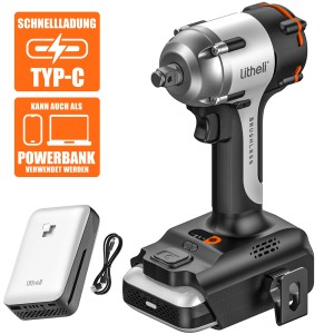 Litheli Akku-Schlagschrauber mit 2,5 Ah Akku und Powerbank. Ideal für Schraubarbeiten.