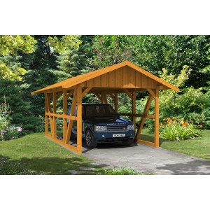 Skan Holz Carport Schwarzwald Eiche 424x600 cm mit Auto und Dachschalung.